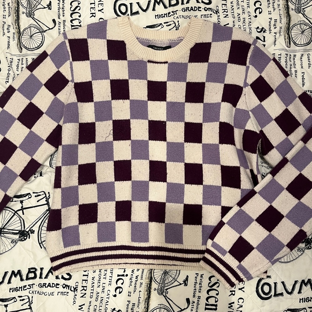 Forever 21 Purple and Cream Checkered Sweater